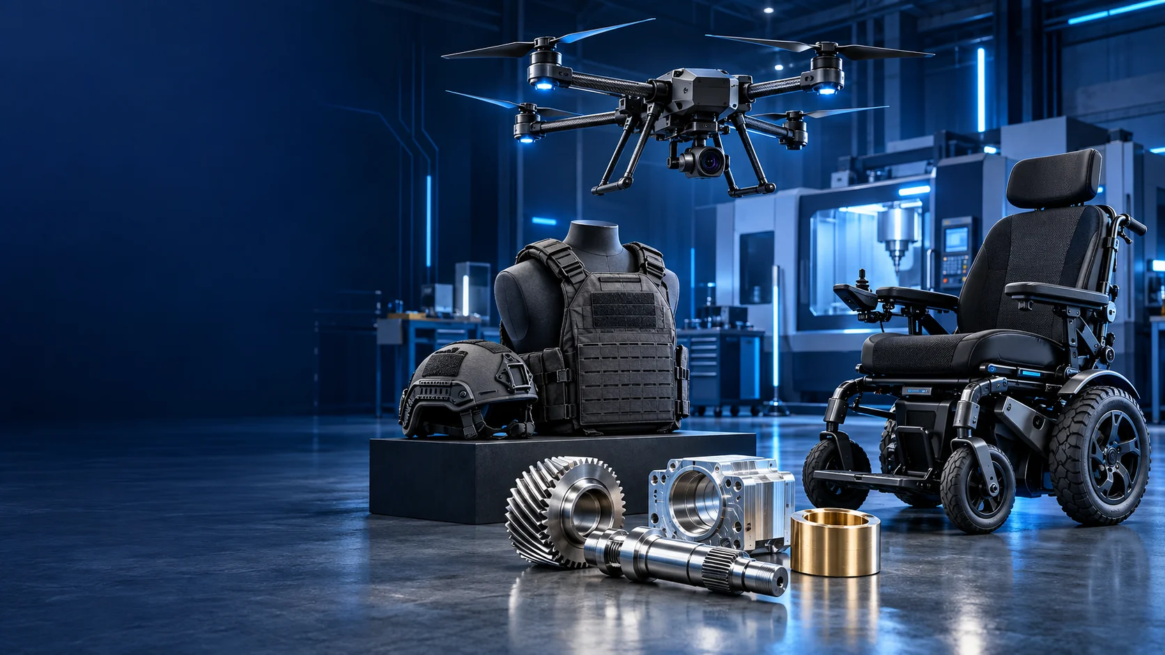 Body armor and helmet, a drone, a powered wheelchair and precision-machined components
