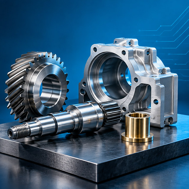 Precision-machined gear, shaft, bushing and metal housing