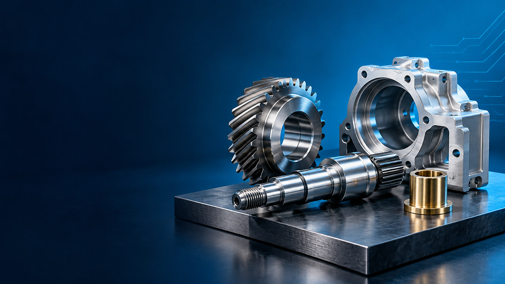 Machined gear, shaft, bushing and housing arranged on a metal work surface