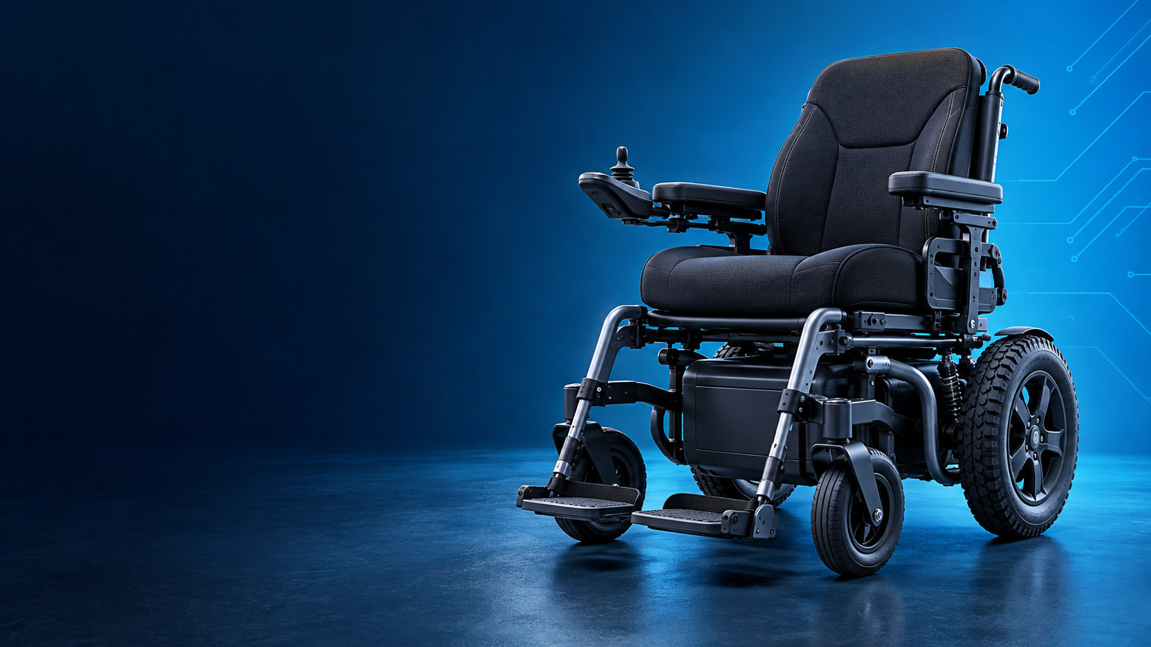 Powered wheelchair with supportive seating, joystick control and treaded rear wheels